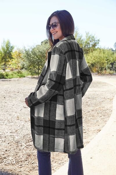 Double Take Full Size Plaid Button Up Lapel Collar Coat