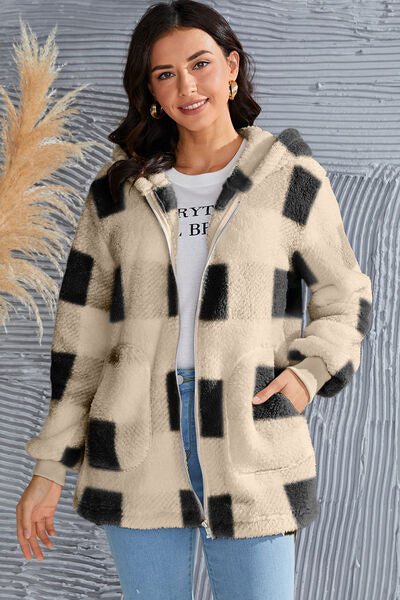 Chic Plaid Long Sleeve Hooded Coat