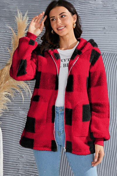 Chic Plaid Long Sleeve Hooded Coat