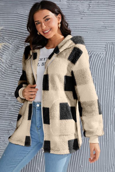 Chic Plaid Long Sleeve Hooded Coat