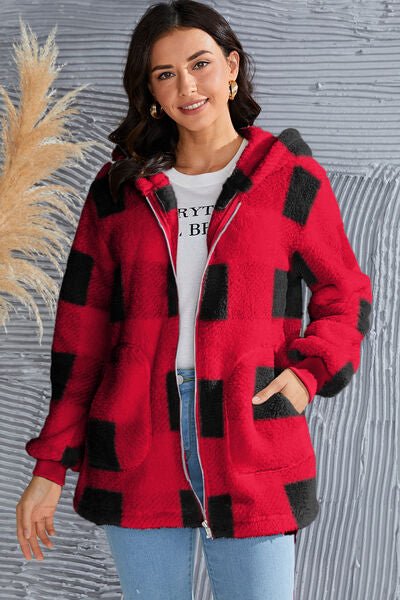 Chic Plaid Long Sleeve Hooded Coat