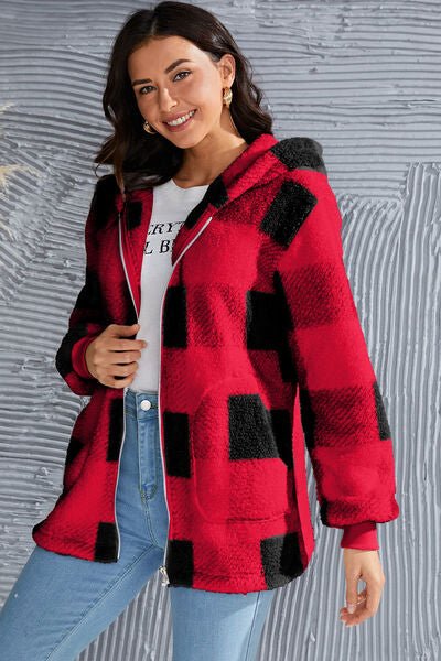 Chic Plaid Long Sleeve Hooded Coat