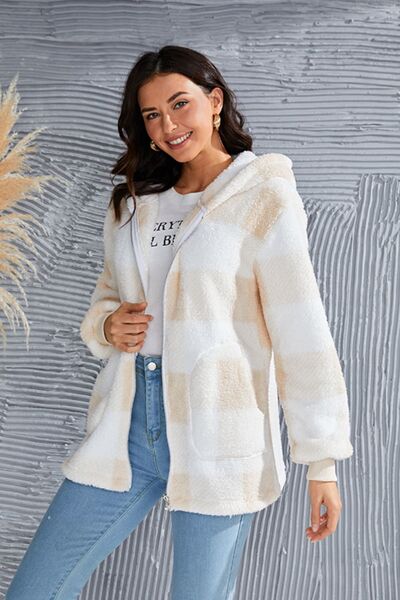 Chic Plaid Long Sleeve Hooded Coat for Stylish Comfort