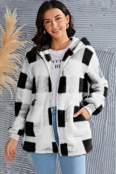 Chic Plaid Long Sleeve Hooded Coat