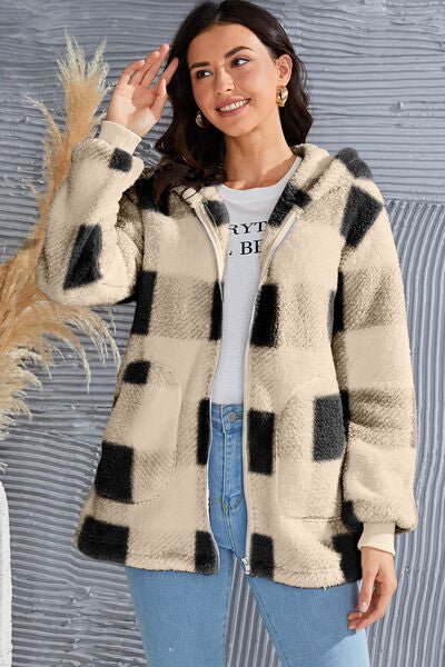 Chic Plaid Long Sleeve Hooded Coat