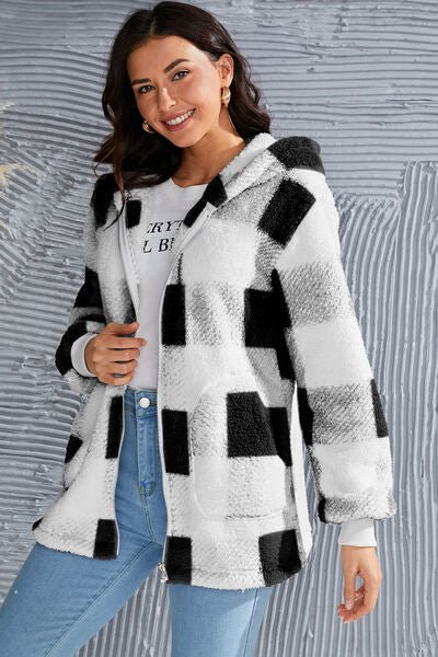 Chic Plaid Long Sleeve Hooded Coat