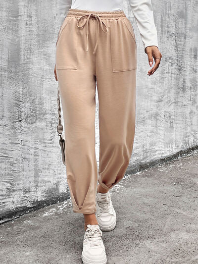 Versatile Straight Leg Trousers with Adjustable Drawstring and Pockets