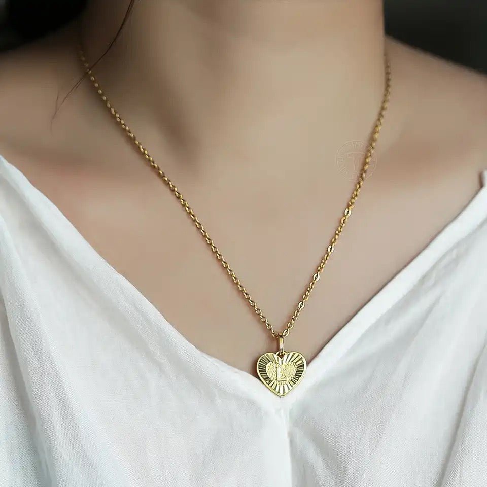 Dual Charm Initial And Heart Necklace Set In Gold Tone Stainless Steel With Personalized Initial Charm