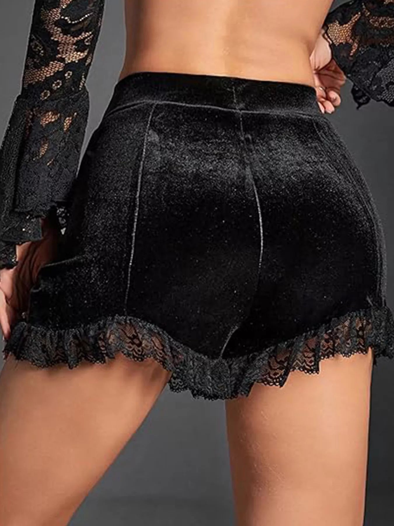 Velvet Ruched Lace Trim Shorts
