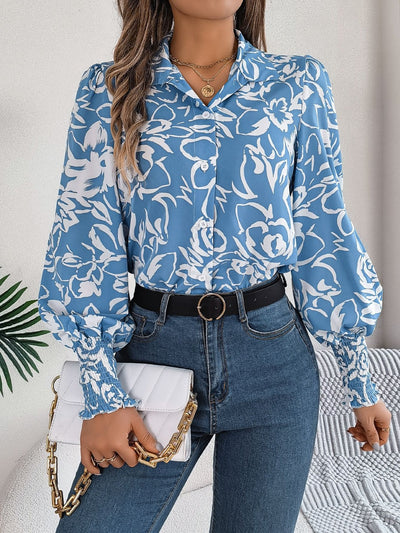 Stylish Printed Lantern Sleeve Button-Up Blouse for Women
