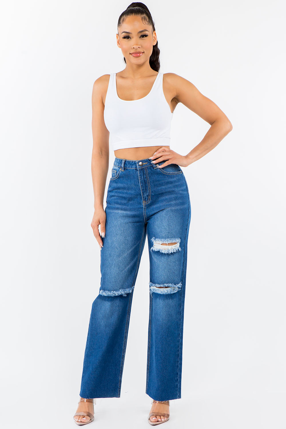 Chic High-Waisted Distressed Wide-Leg Denim Pants