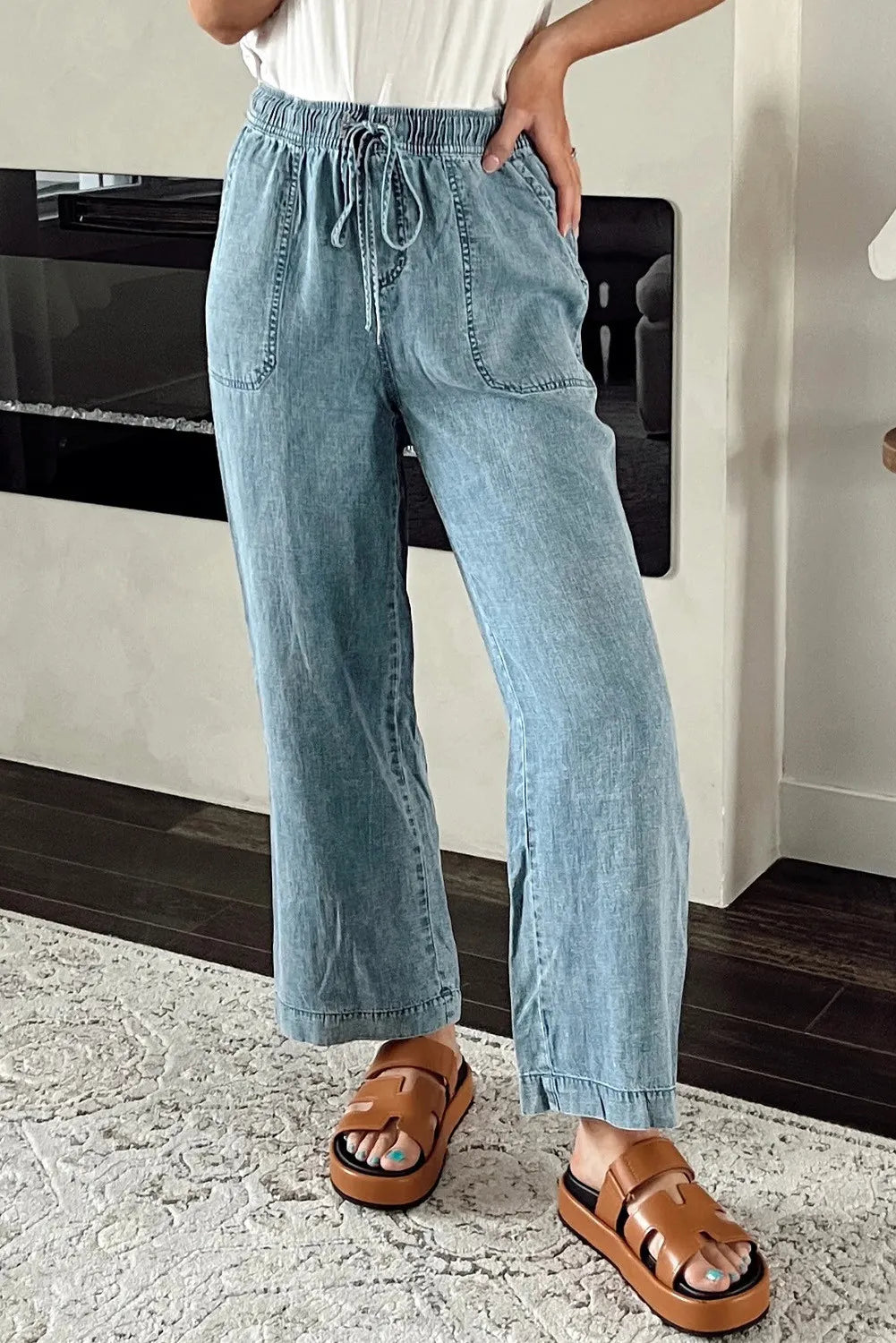 High-Rise Adjustable Waist Jeans with Pockets for Women