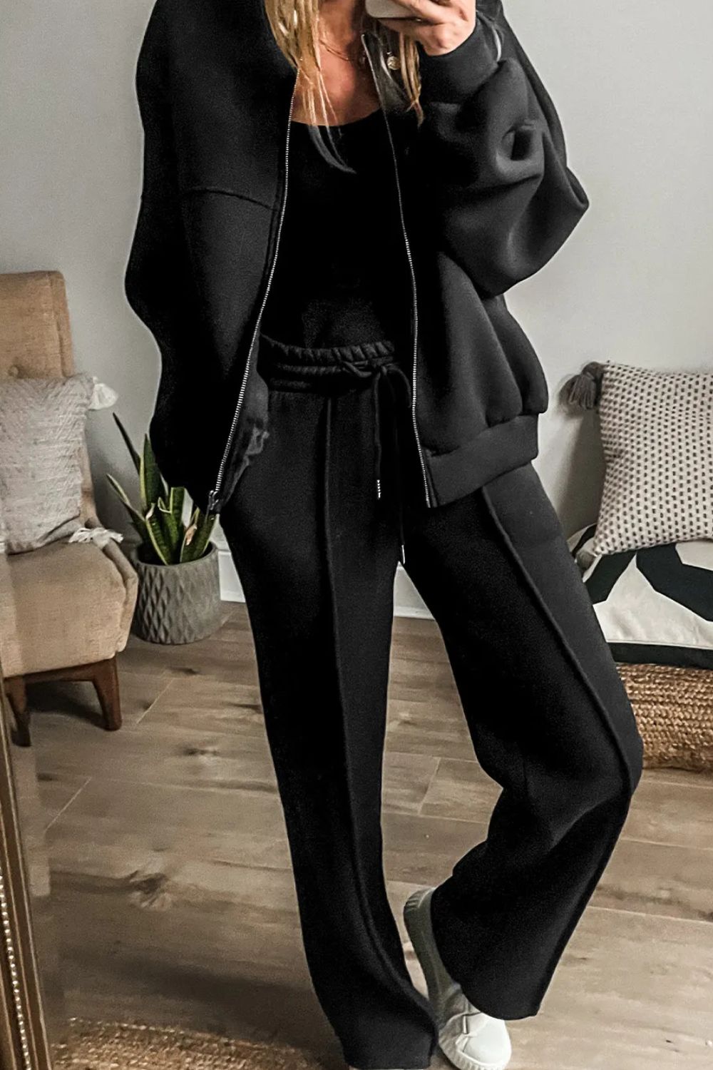 Chic Zip-Up Long Sleeve Top and Matching Pants Ensemble Set