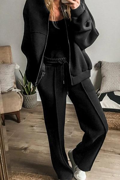 Chic Zip-Up Long Sleeve Top and Matching Pants Ensemble Set