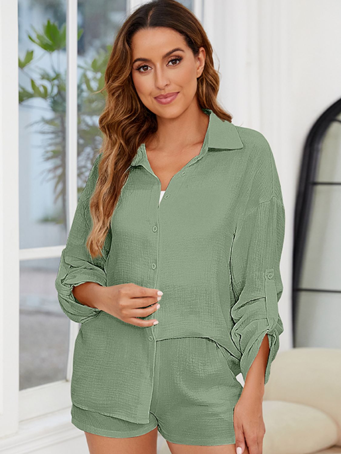 Trendy Button-Up Long Sleeve Top and Shorts Set for Women