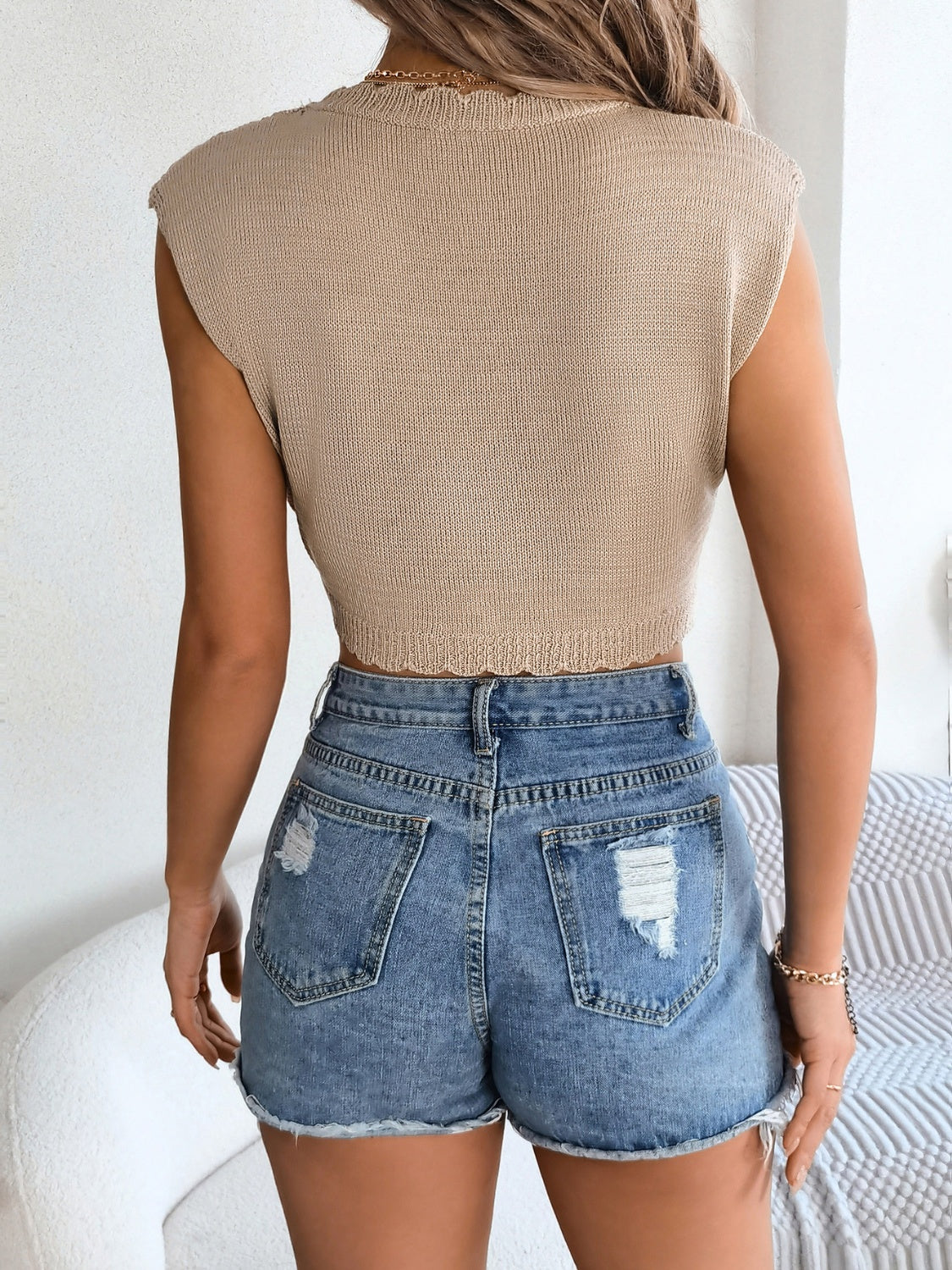 Elegant Cap Sleeve Knit Blouse with Openwork Design Style