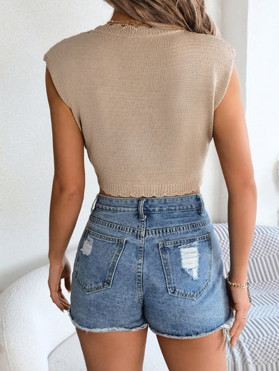 Elegant Cap Sleeve Knit Blouse with Openwork Design Style