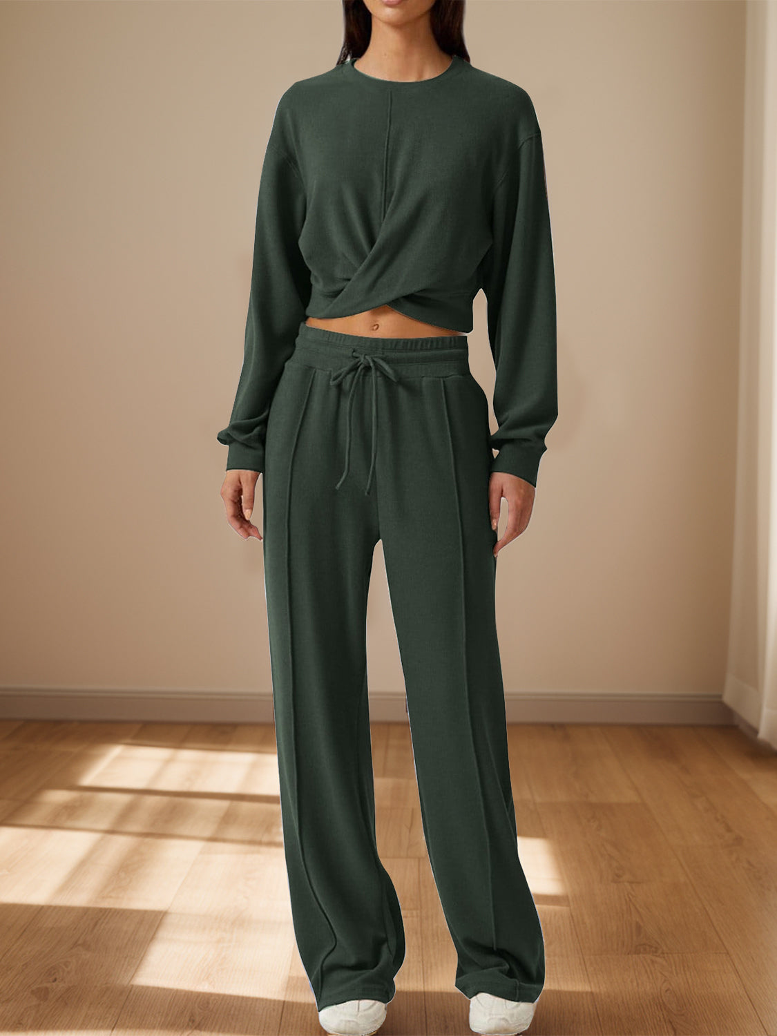 Trendy Crisscross Neck Top and Adjustable Waist Pants Set