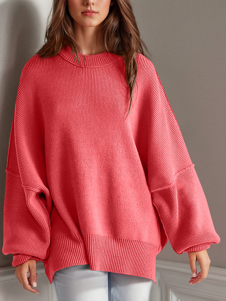 Chic Side Slit Long Sleeve Sweater with Round Neck