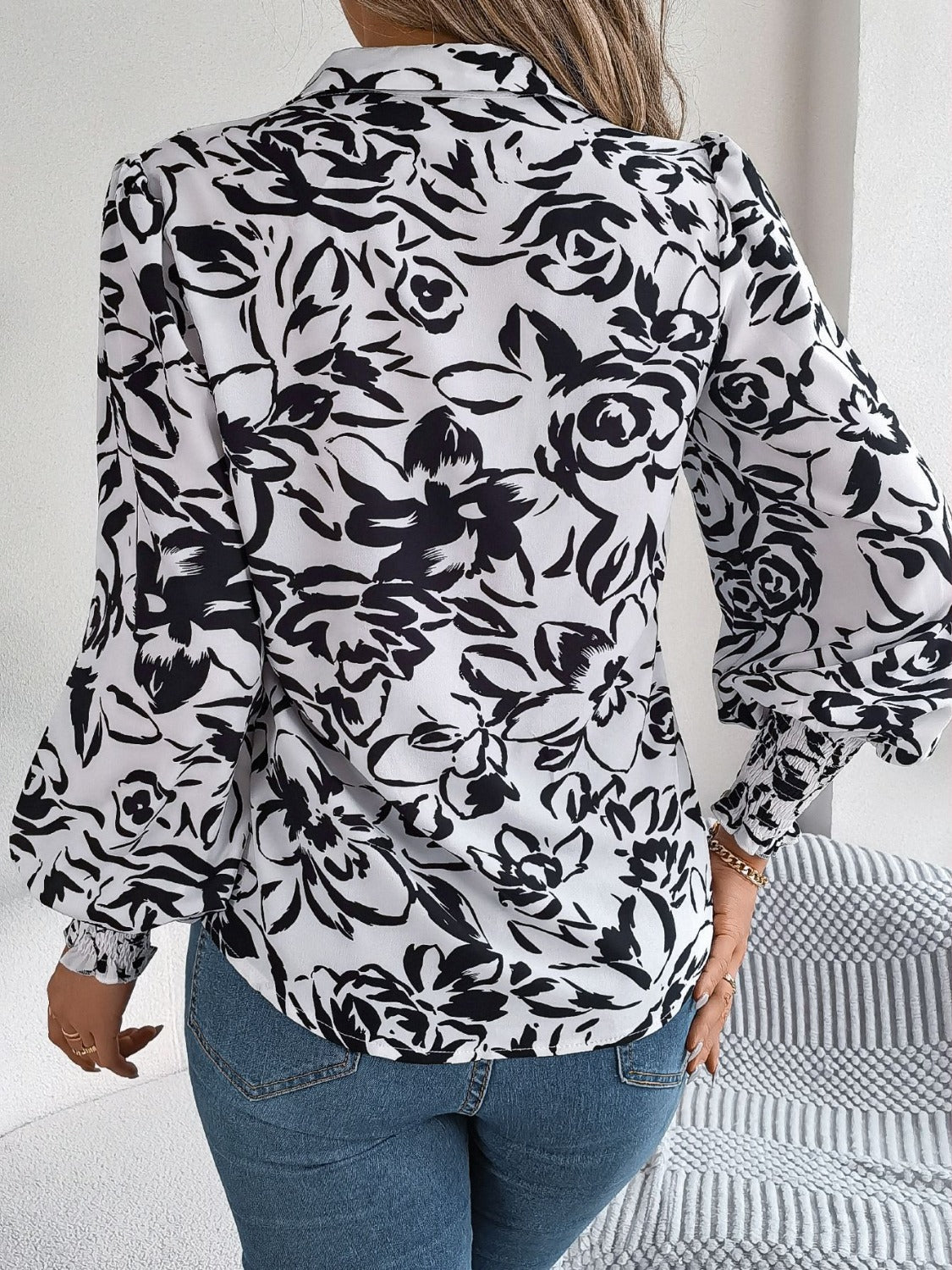 Stylish Printed Lantern Sleeve Button-Up Blouse for Women
