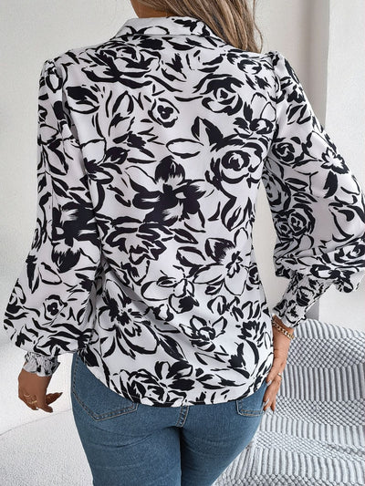 Stylish Printed Lantern Sleeve Button-Up Blouse for Women
