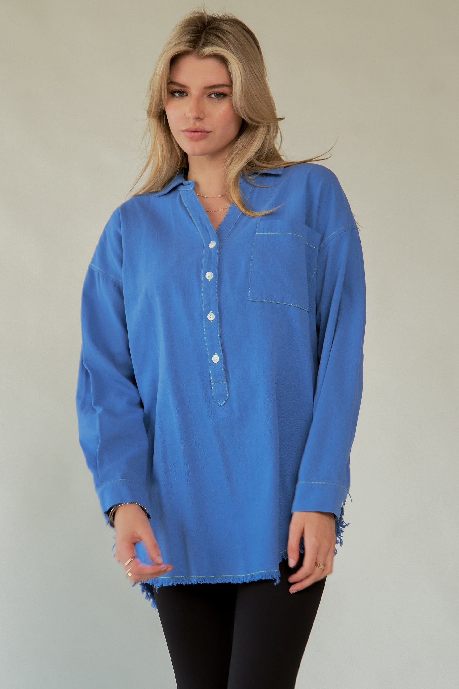 Davi & Dani Letter Back Raw Hem Half Button Shirt Style