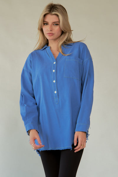 Davi & Dani Letter Back Raw Hem Half Button Shirt Style