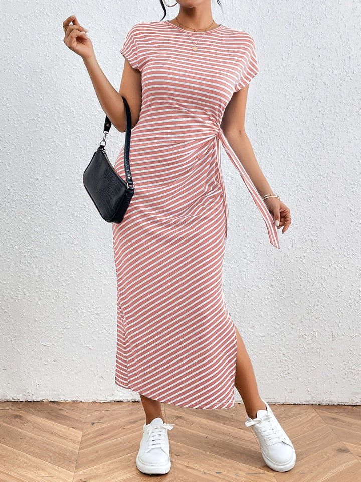 Chic Tied Striped Short Sleeve Dress with Round Neck