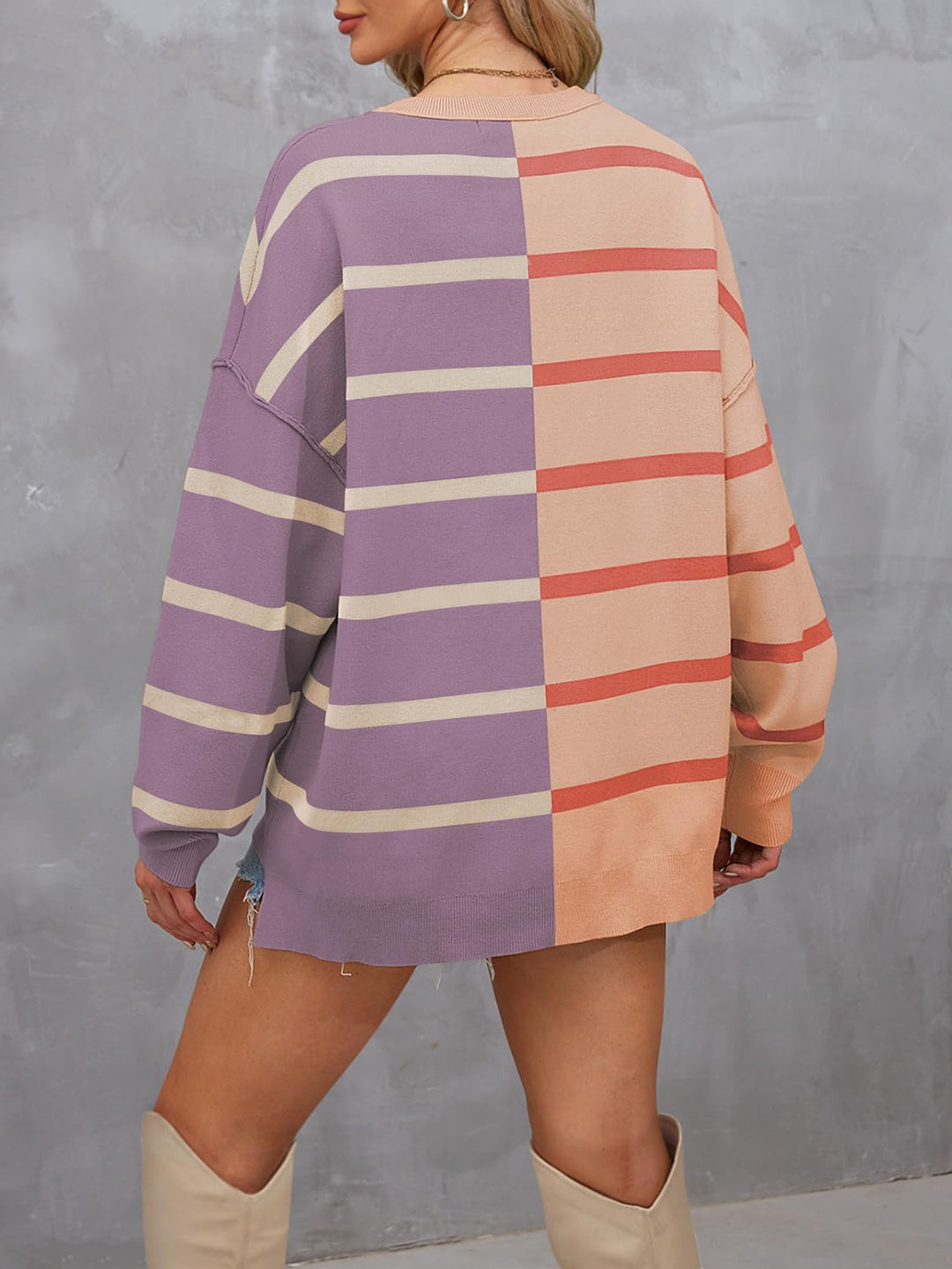 Chic Striped Knit Sweater with Round Neck and Long Sleeves