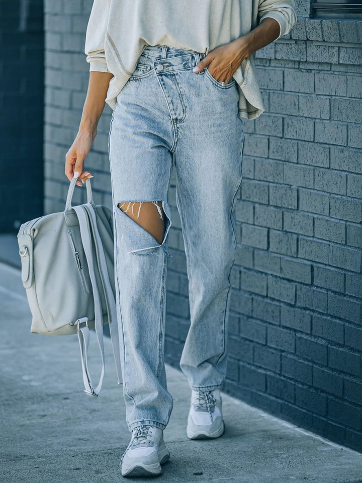 Asymmetrical Ripped High-Waist Jeans