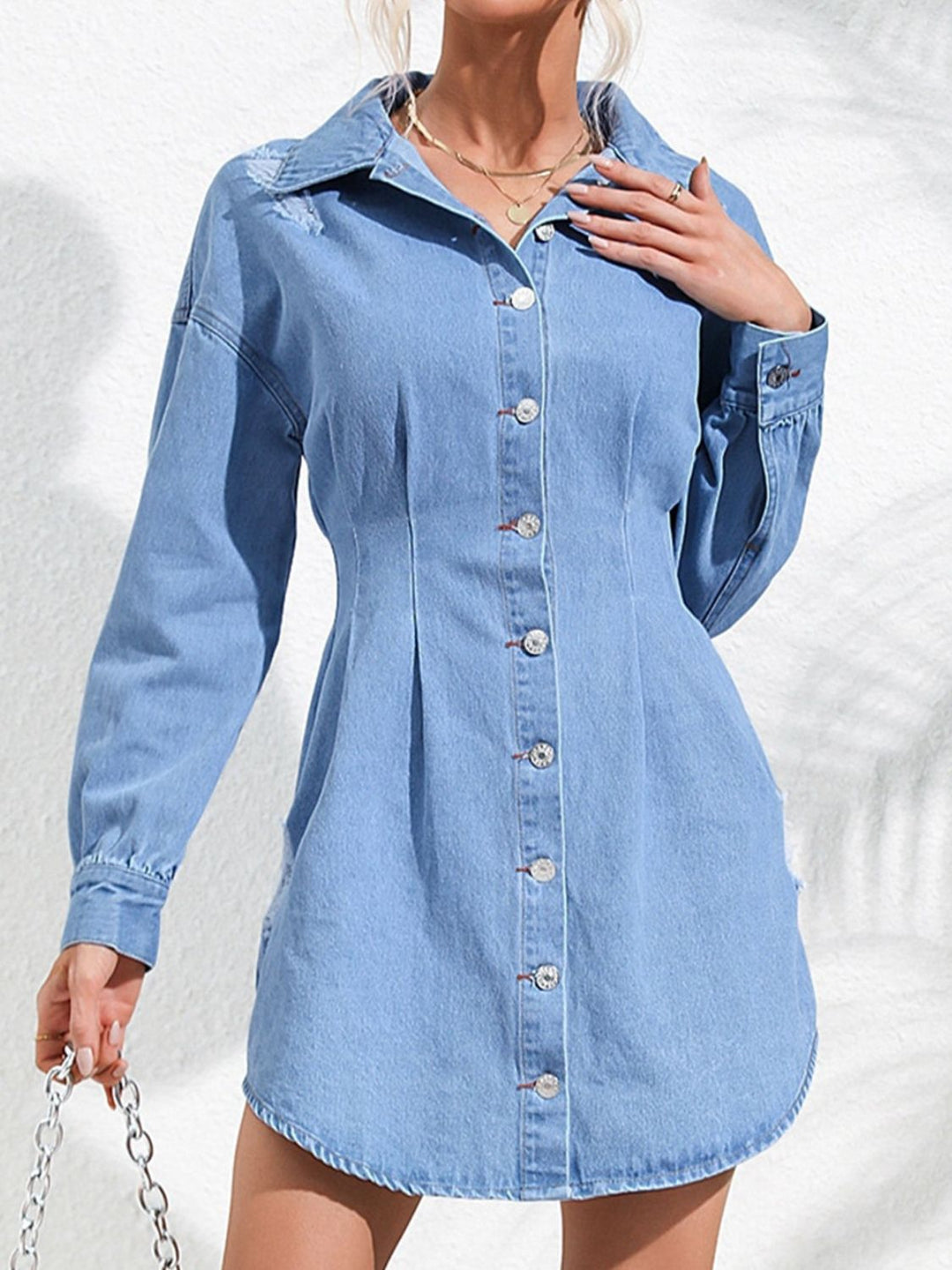 Chic Distressed Denim Shirt Dress with Button Closure