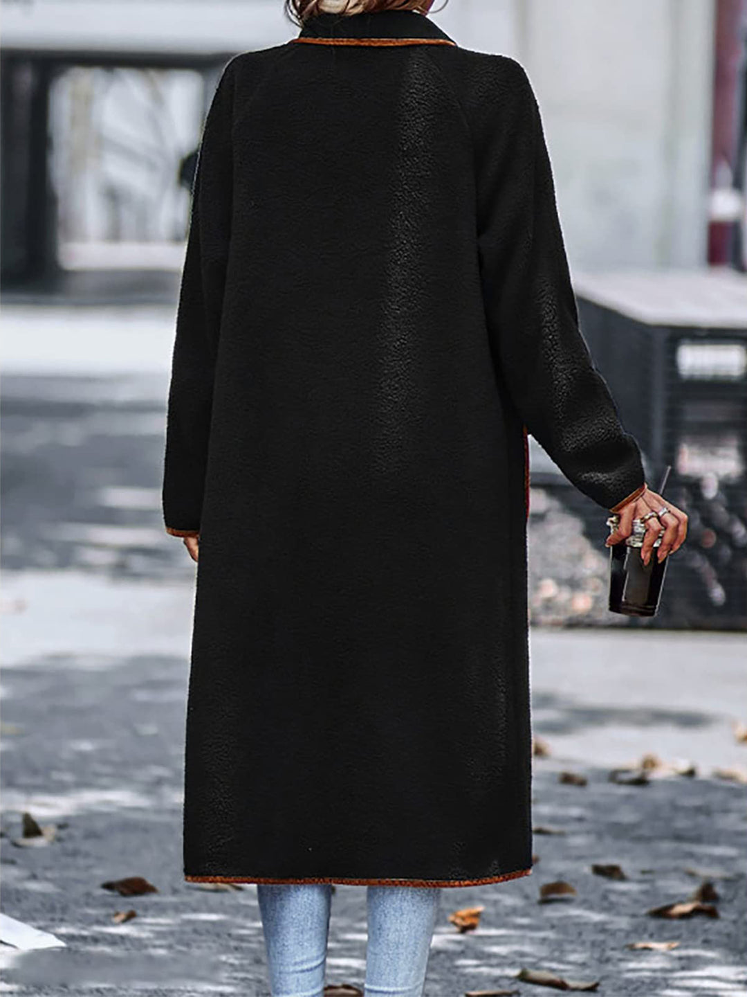 Chic Contrast Trim Long Sleeve Coat with Functional Pockets