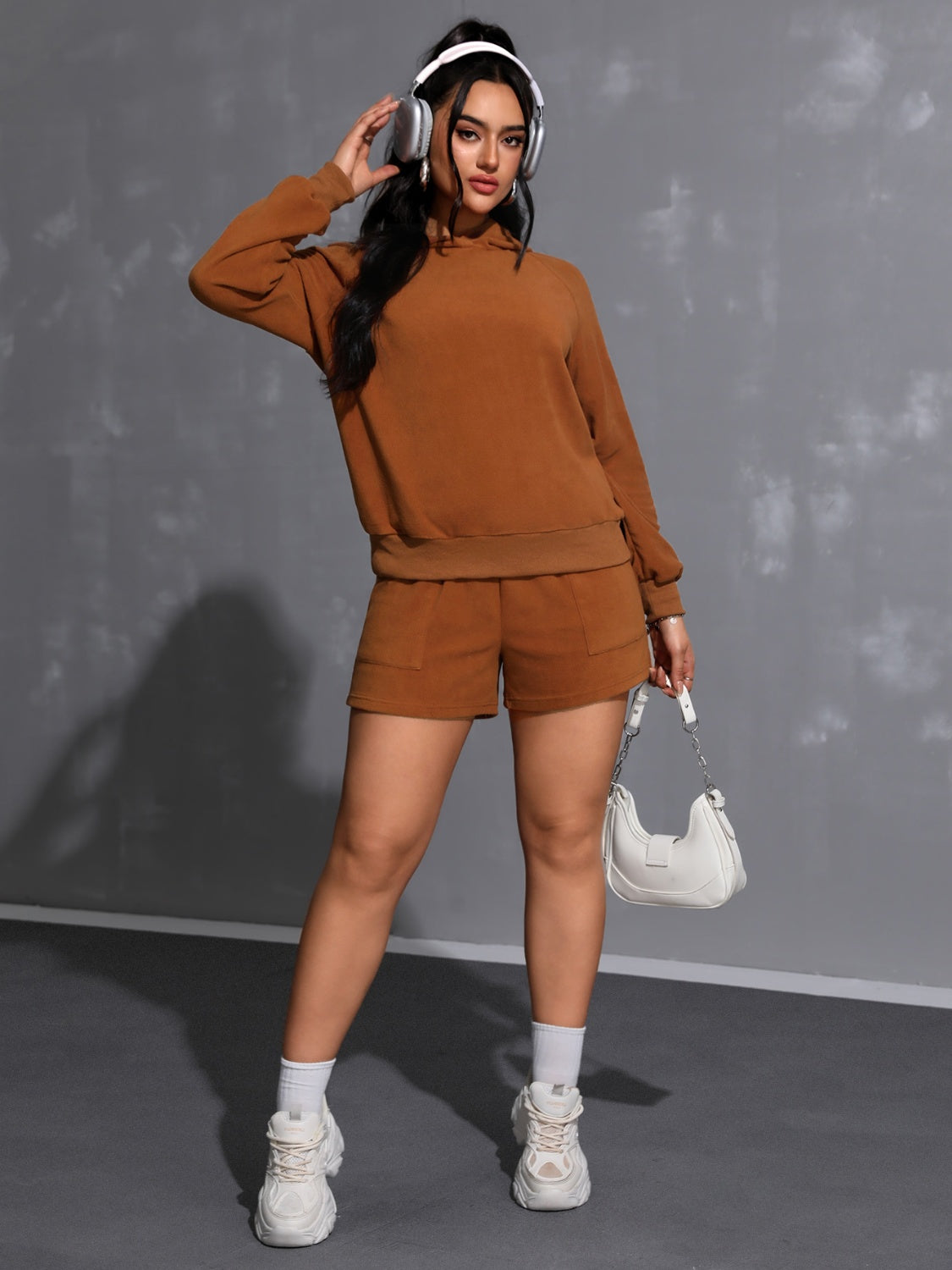 Cozy Long Sleeve Hoodie and Pocketed Shorts Ensemble Set
