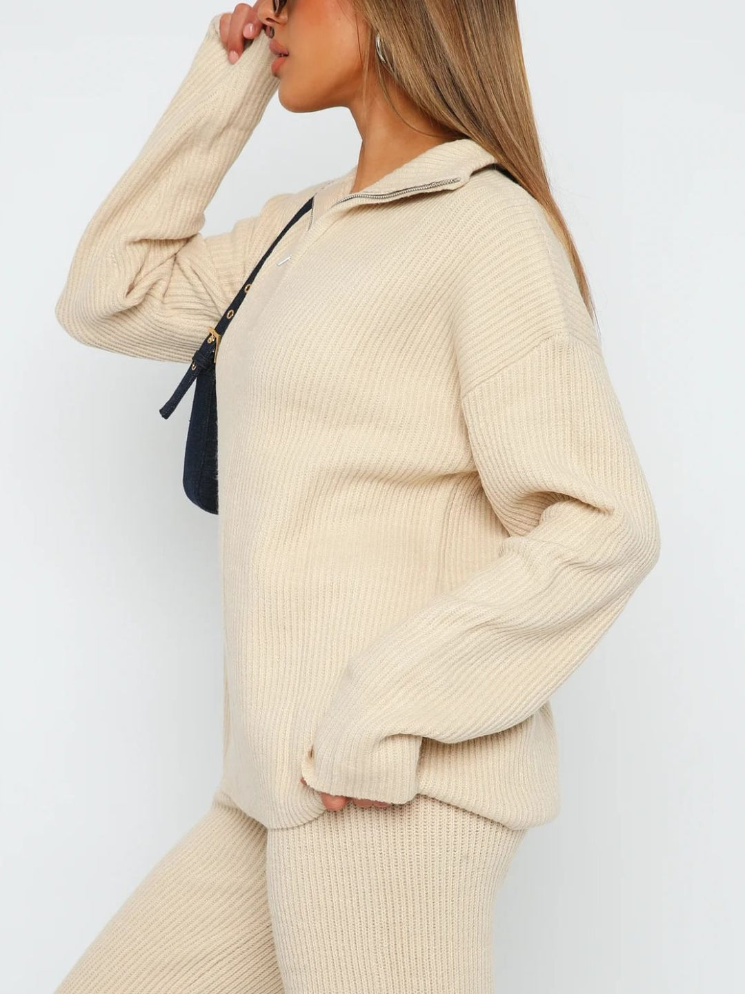 Chic Ribbed Quarter Zip Lounge Set with Long Sleeve Top and Bottom