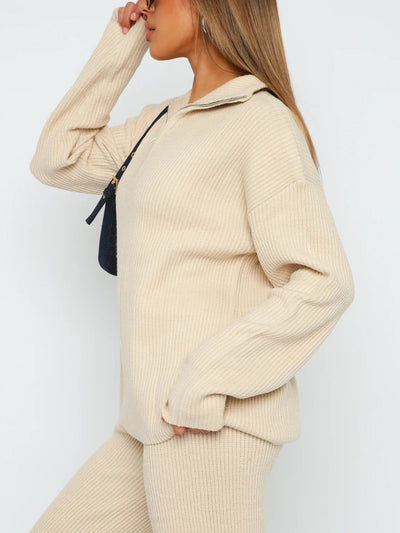 Chic Ribbed Quarter Zip Lounge Set with Long Sleeve Top