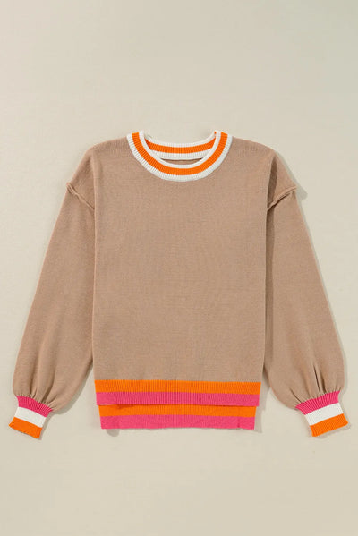 Contrast Round Neck Long Sleeve Sweater for Women Fashion