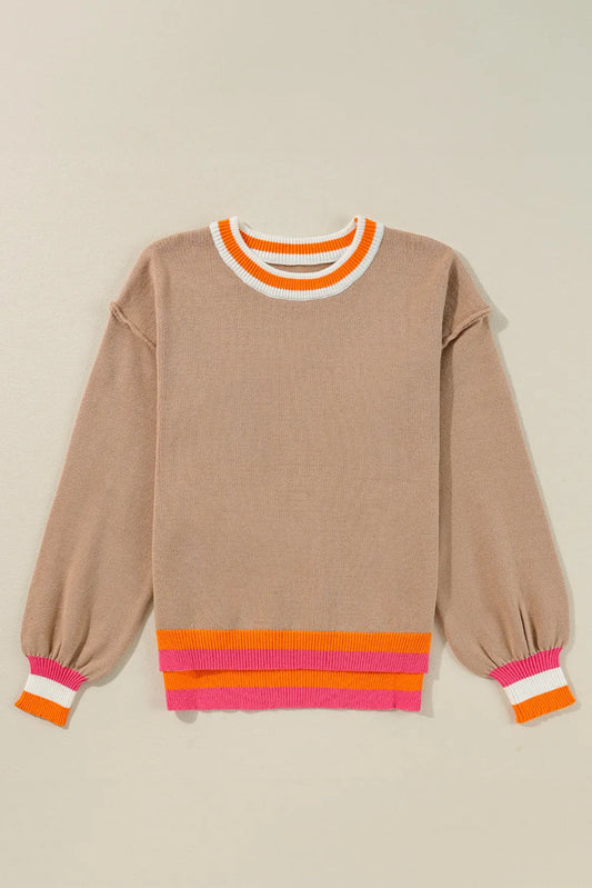 Contrast Round Neck Long Sleeve Sweater for Women Fashion