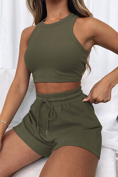 Stylish Round Neck Lounge Set with Adjustable Shorts Set
