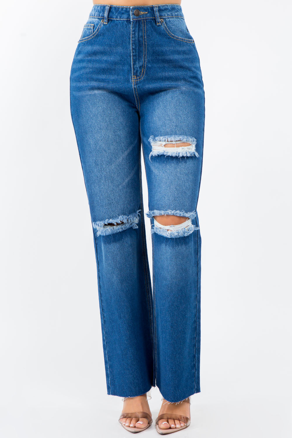 Chic High-Waisted Distressed Wide-Leg Denim Pants