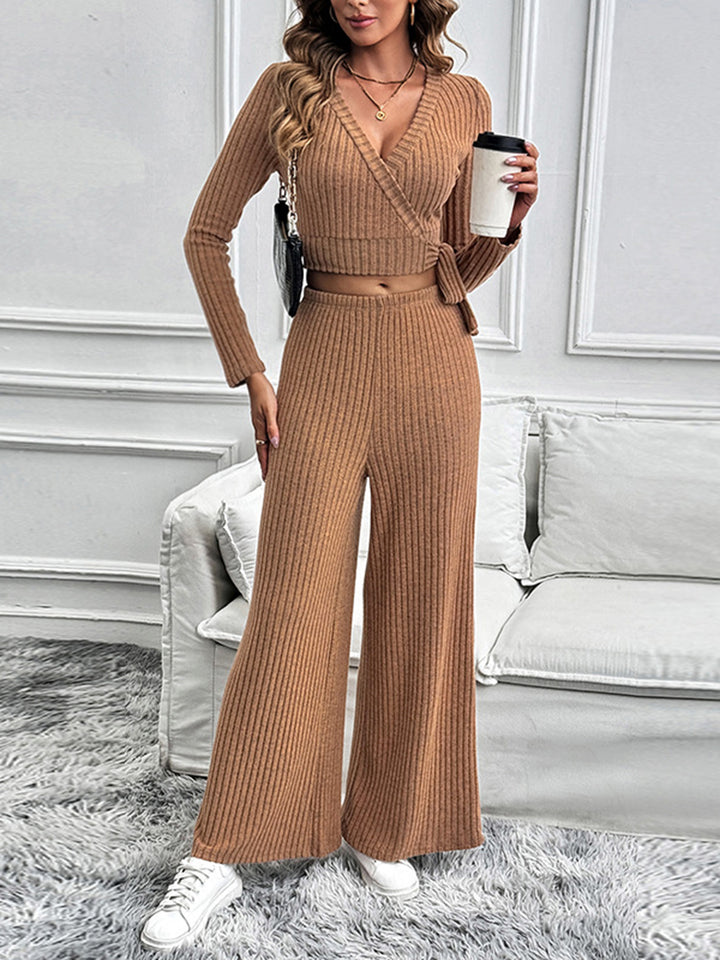 Chic Perfee Surplice Long Sleeve Top and Trouser Set