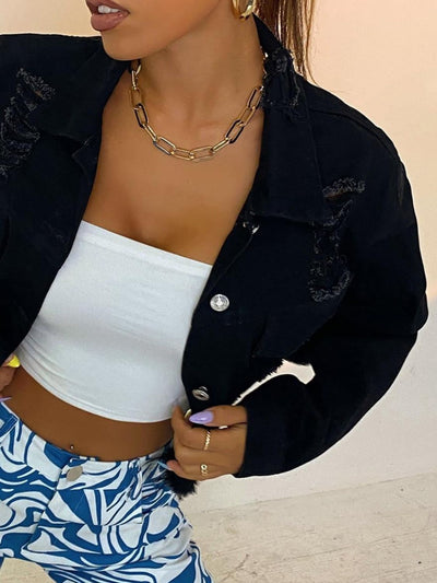 Distressed Long Sleeve Denim Shirt with Collared Neck Style