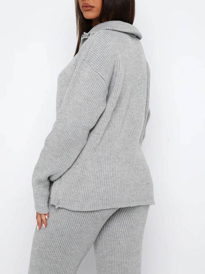 Chic Ribbed Quarter Zip Lounge Set with Long Sleeve Top and Bottom