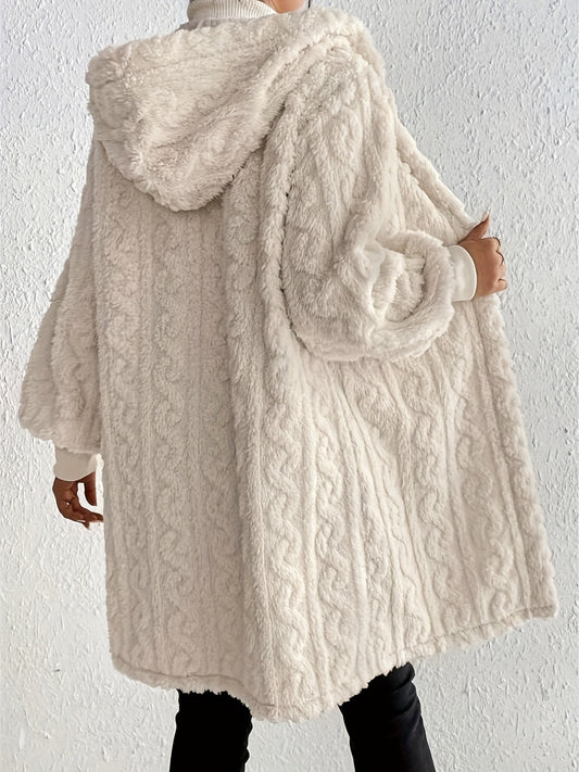 Open Front Long Sleeve Fuzzy Hooded Jacket for Women