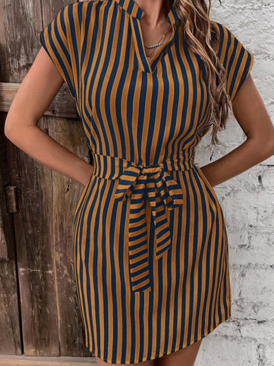 Cap Sleeve Mini Dress with Elegant Tied Striped Accent
