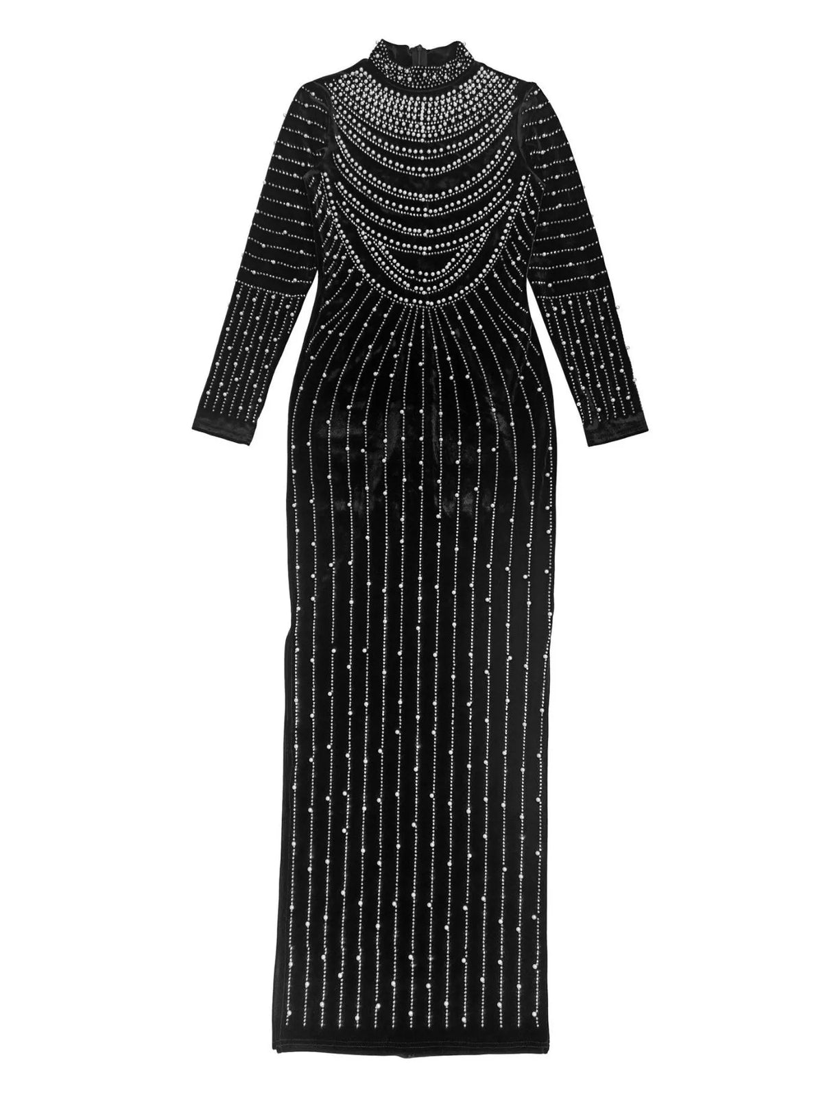 Rhinestone Embellished Mock Neck Long Sleeve Maxi Dress