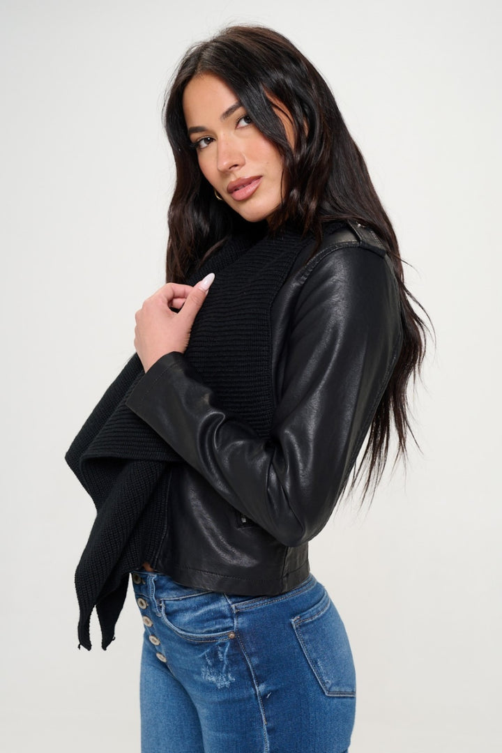 Knit-Collared Faux Leather Cropped Jacket