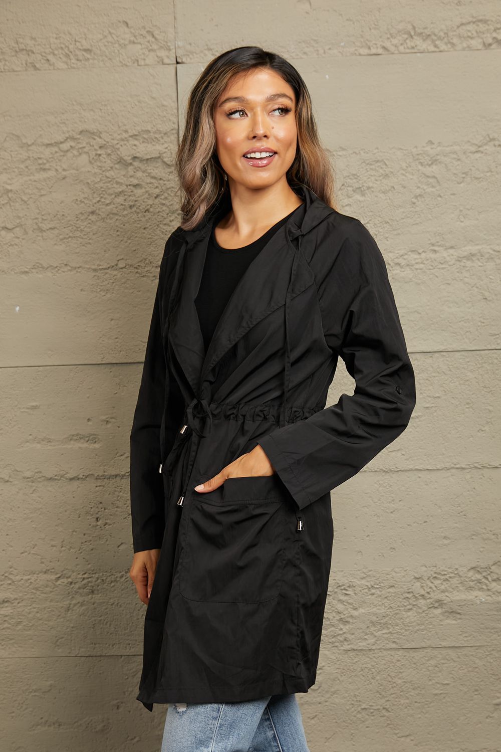 Hooded Longline Jacket with Adjustable Drawstring