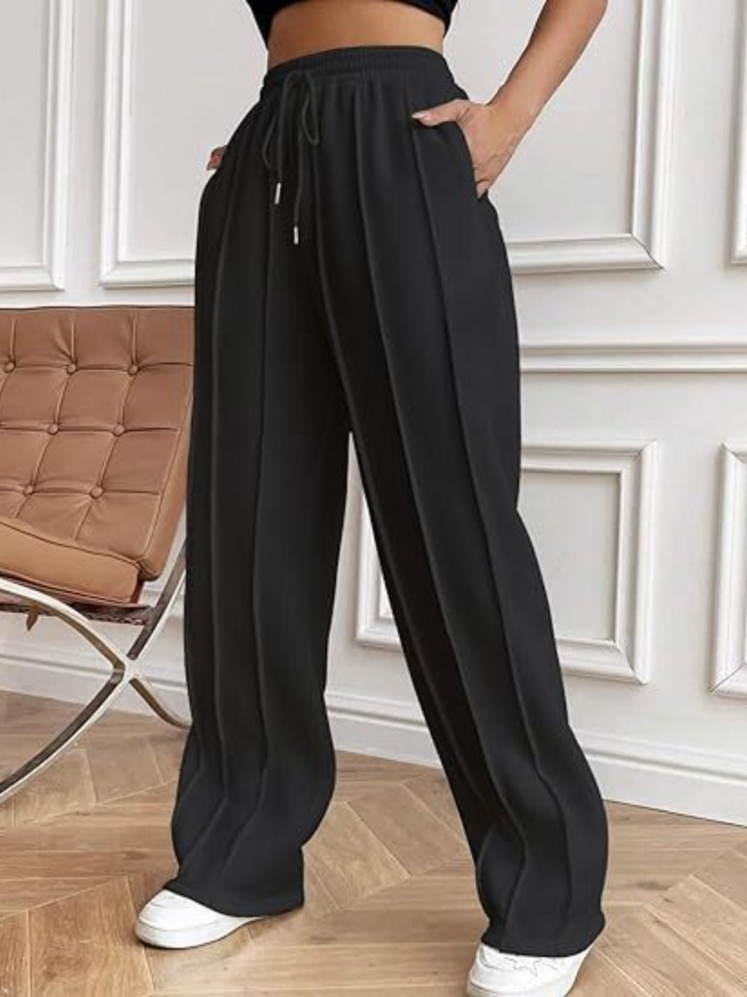 Casual Chic Wide Leg Drawstring Trousers with Pockets