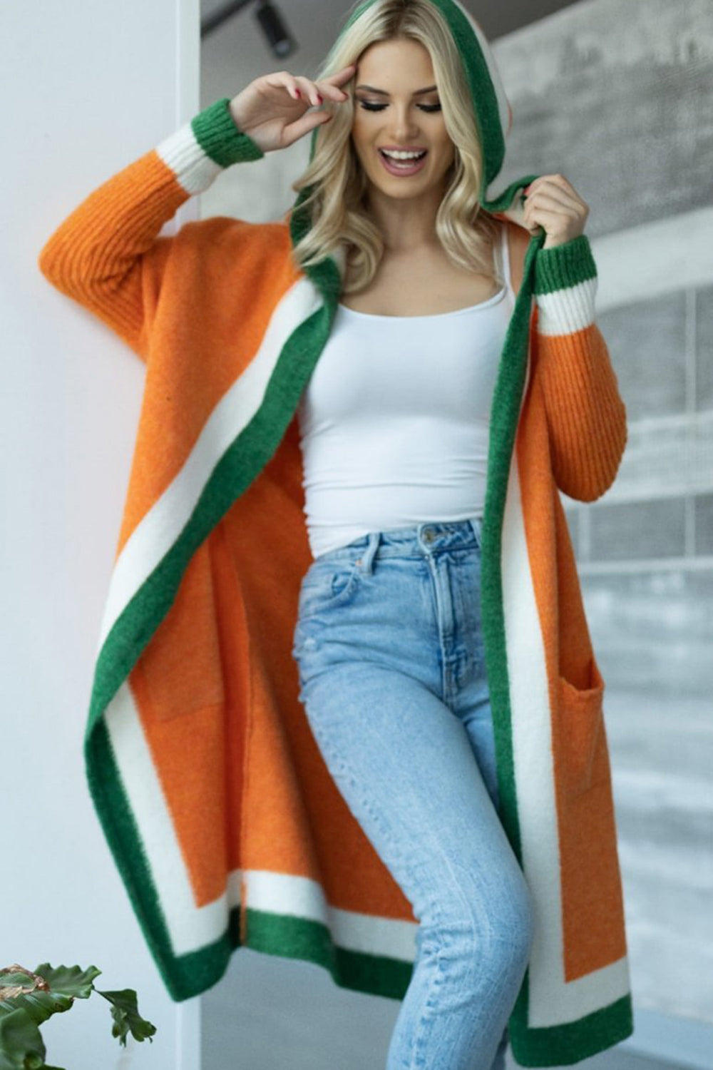 Pocketed Contrast Long Sleeve Hooded Cardigan for Women