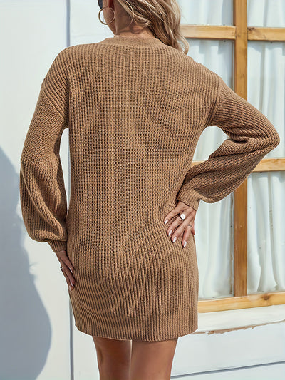 V-Neck Dropped Shoulder Mini Sweater Dress for Women
